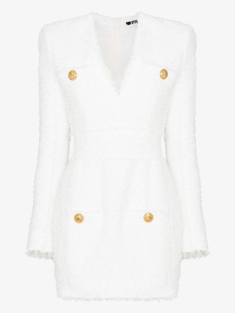 White Long Sleeve BouclÃ_x0083_Â© Mini Dress
