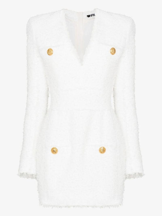 White Long Sleeve BouclÃ_x0083_Â© Mini Dress