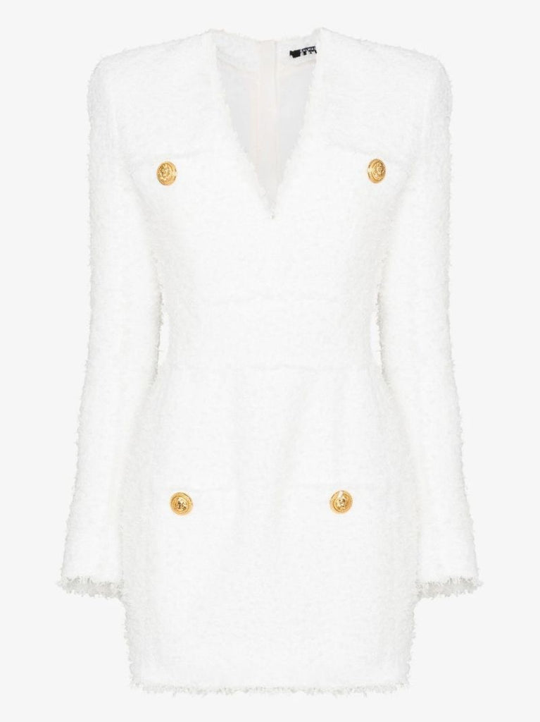 White Long Sleeve BouclÃ_x0083_Â© Mini Dress