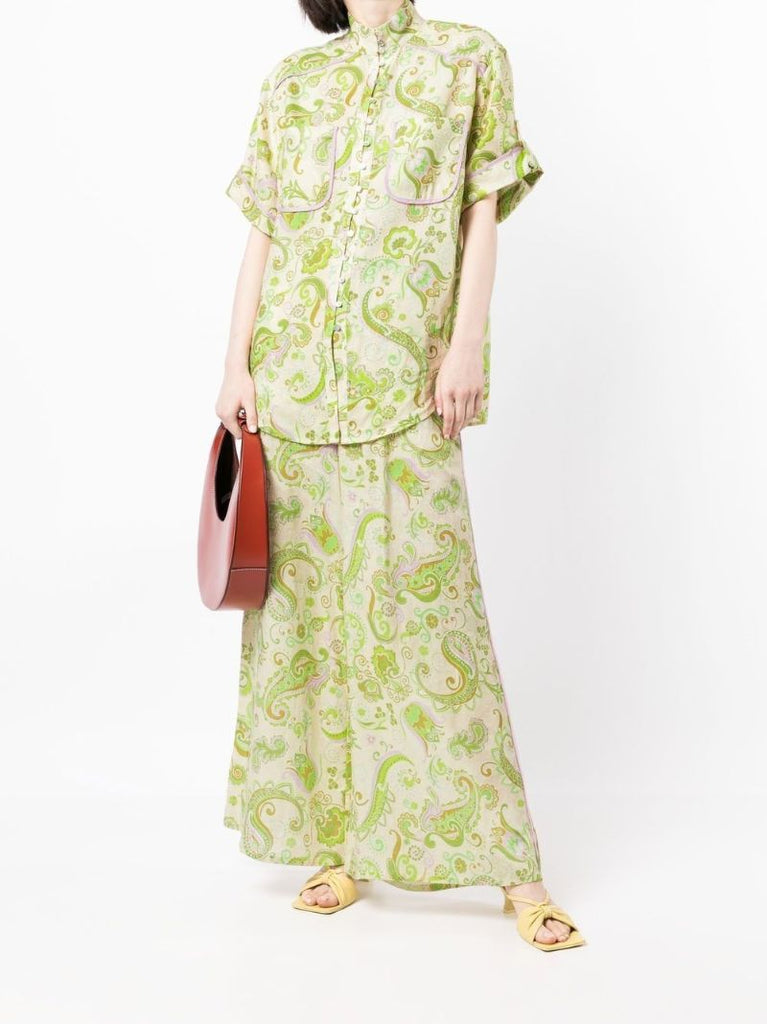 Green Marta Paisley Print Linen Trousers