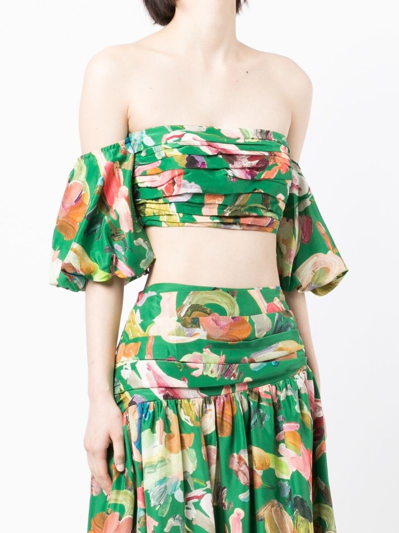 Green Arlo Printed Off-the-shoulder Silk Blouse