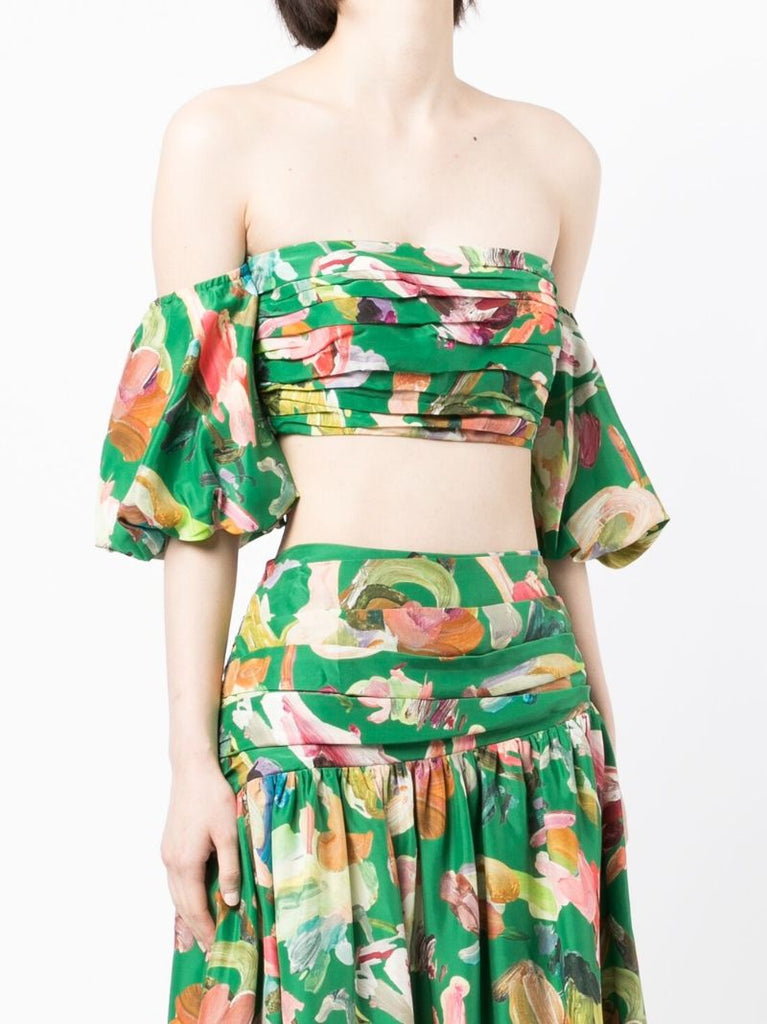 Green Arlo Printed Off-the-shoulder Silk Blouse