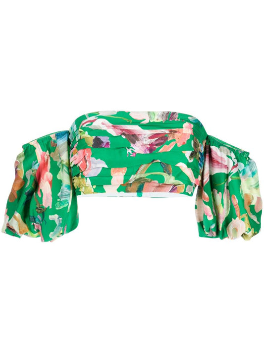 Green Arlo Printed Off-the-shoulder Silk Blouse