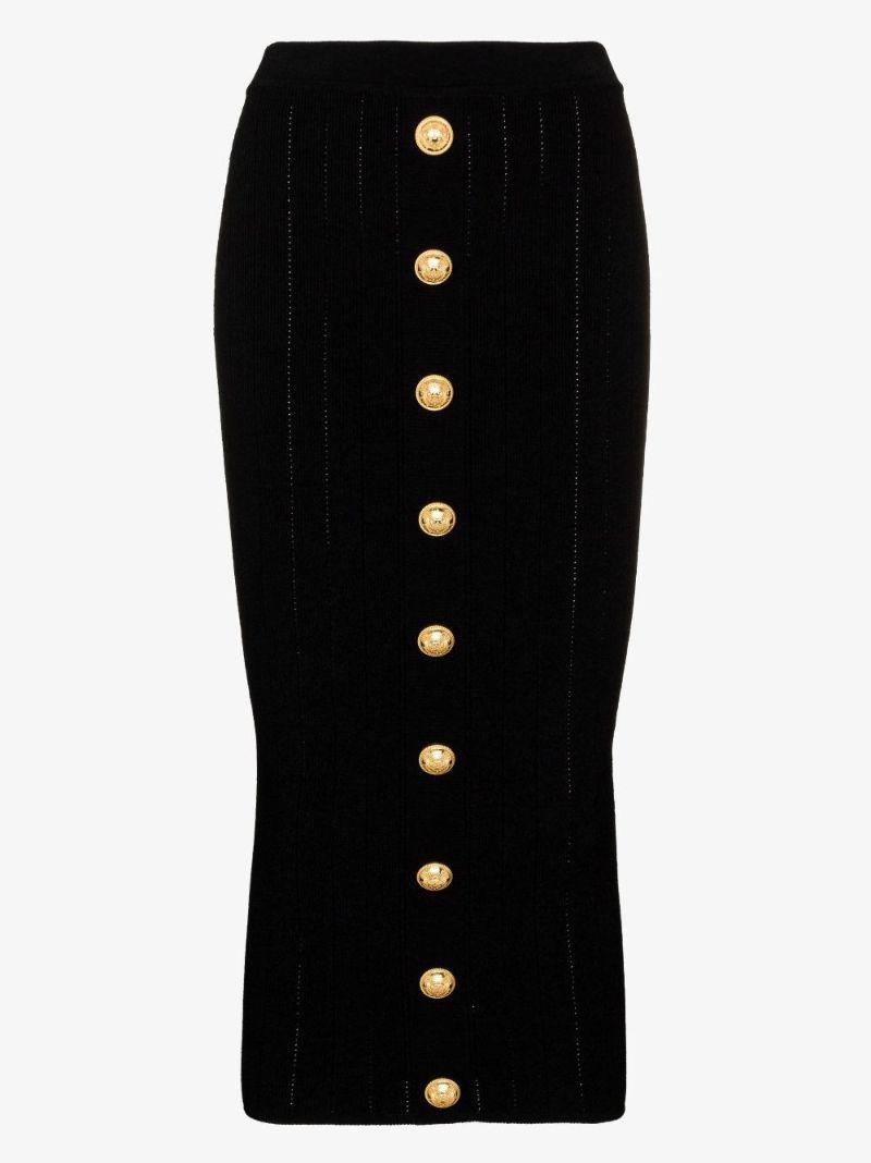 Black Button Embellished Pointelle Knit Midi Skirt