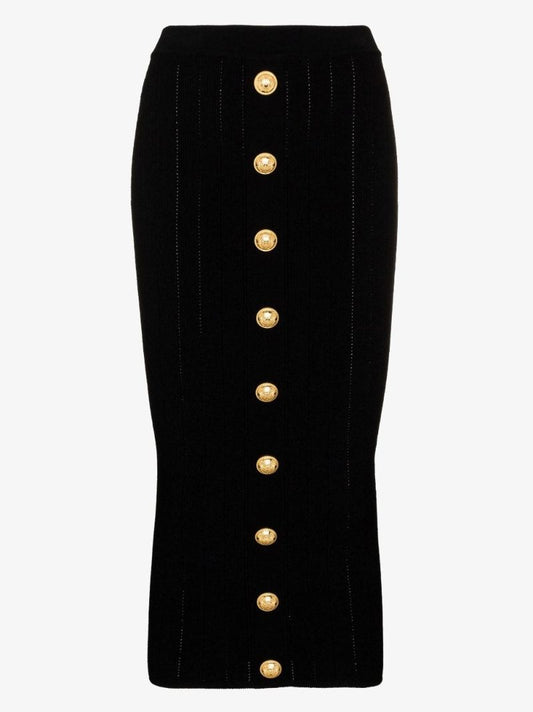 Black Button Embellished Pointelle Knit Midi Skirt