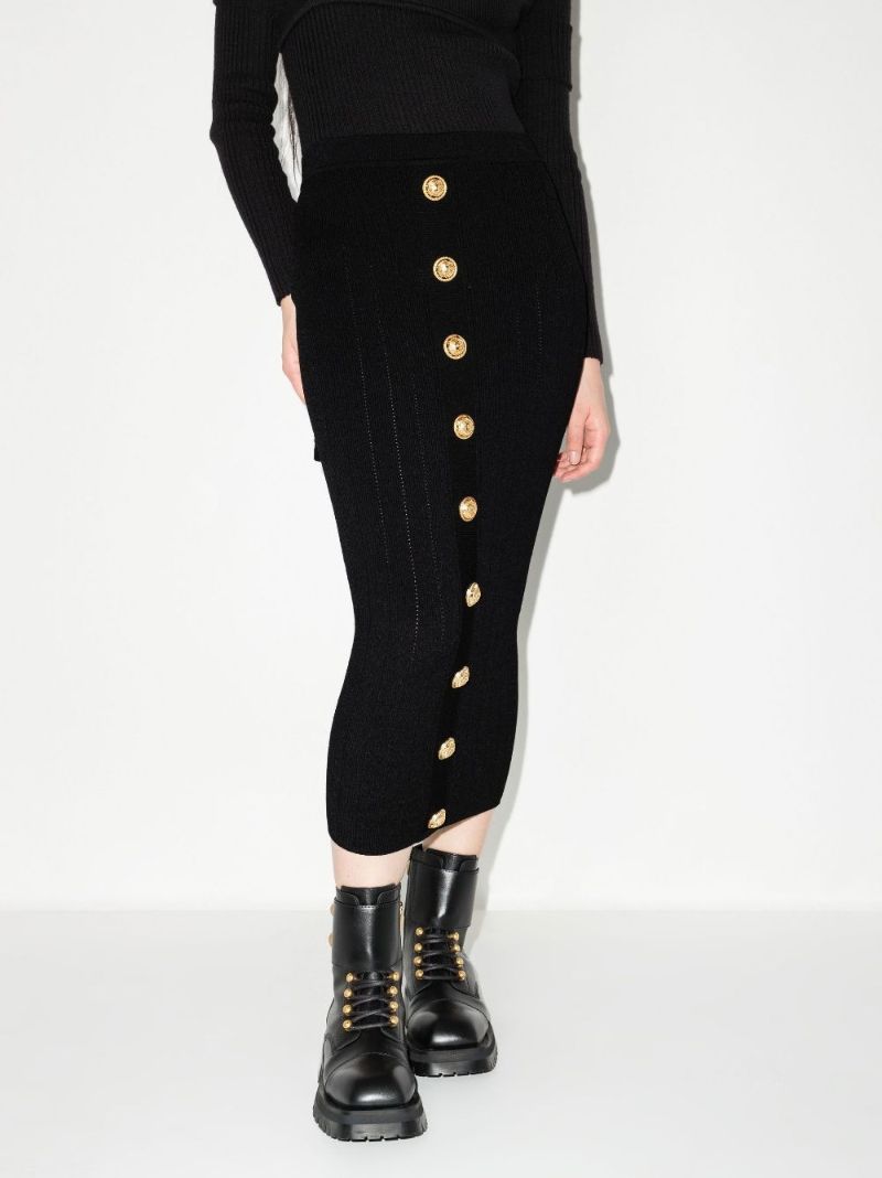 Black Button Embellished Pointelle Knit Midi Skirt