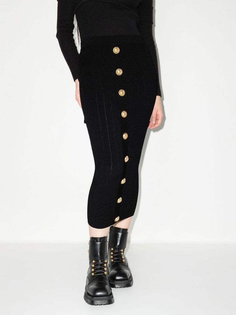 Black Button Embellished Pointelle Knit Midi Skirt