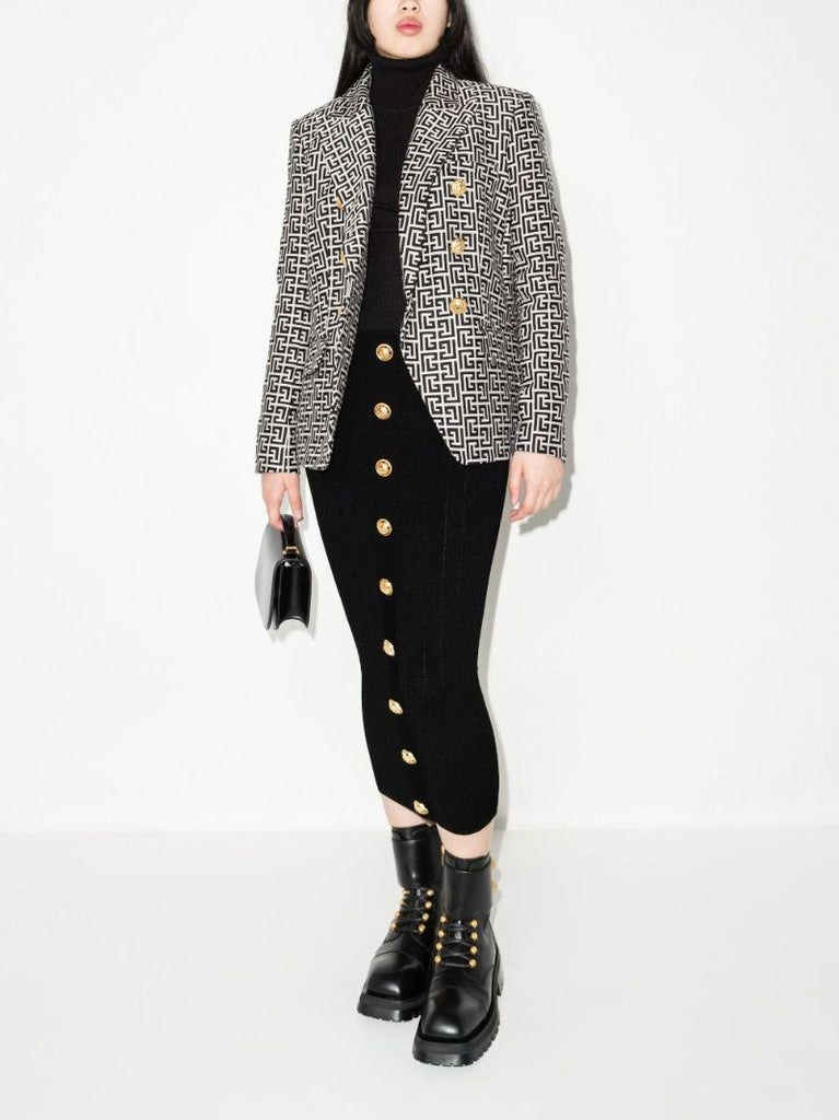 Black Button Embellished Pointelle Knit Midi Skirt