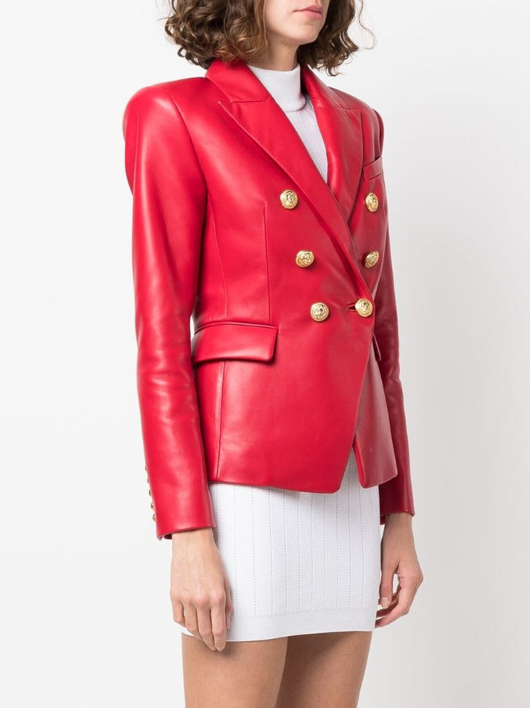 Red Double-breasted Leather Blazer