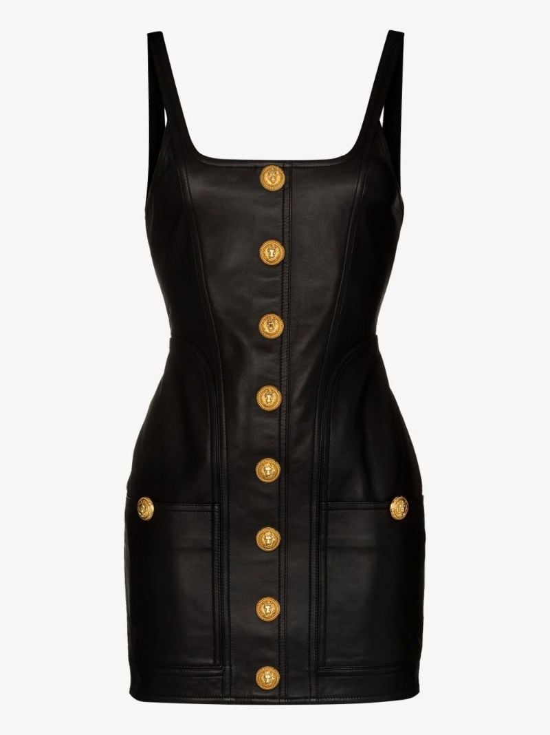 Black Decorative Button Leather Mini Dress