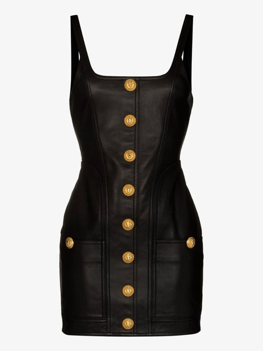 Black Decorative Button Leather Mini Dress