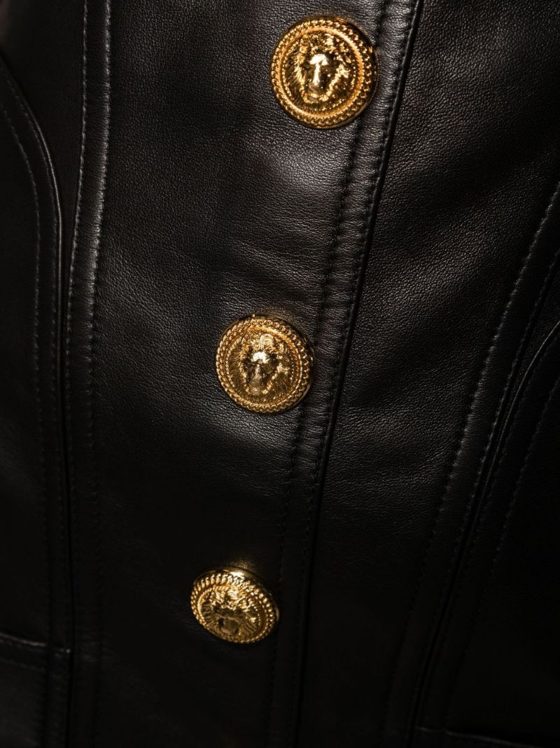 Black Decorative Button Leather Mini Dress