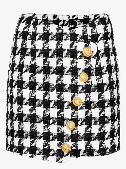 Black and White Houndstooth Print Tweed Mini Skirt