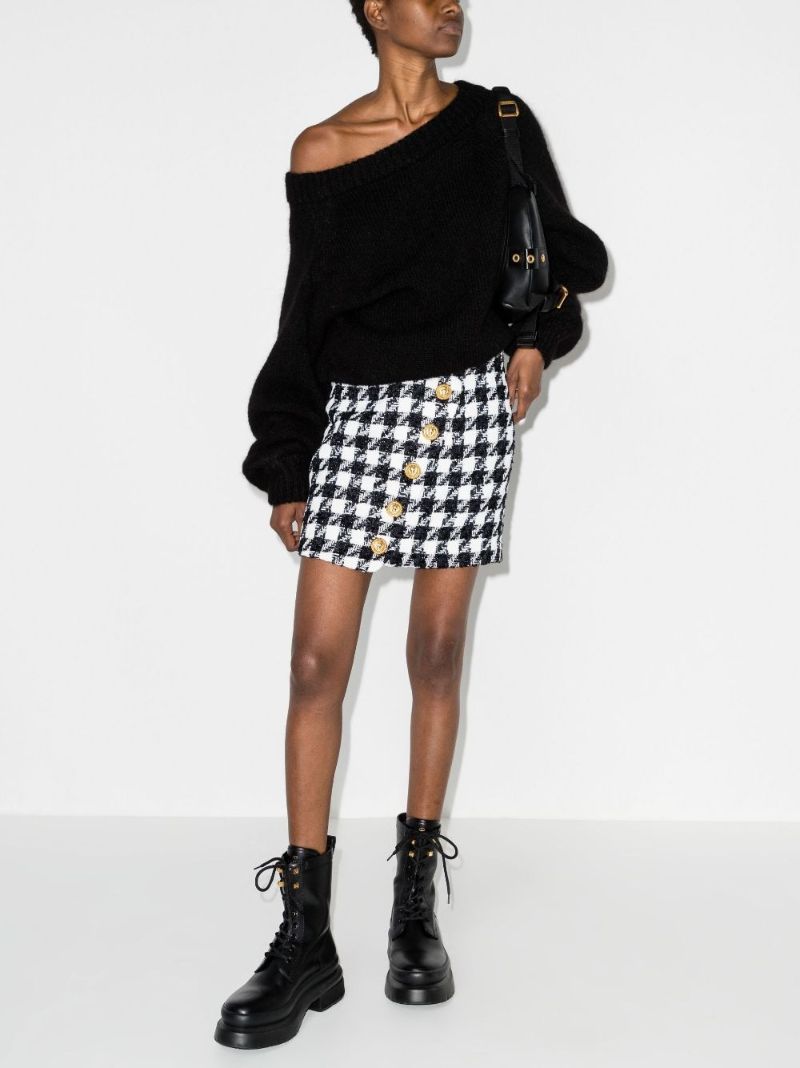 Black and White Houndstooth Print Tweed Mini Skirt