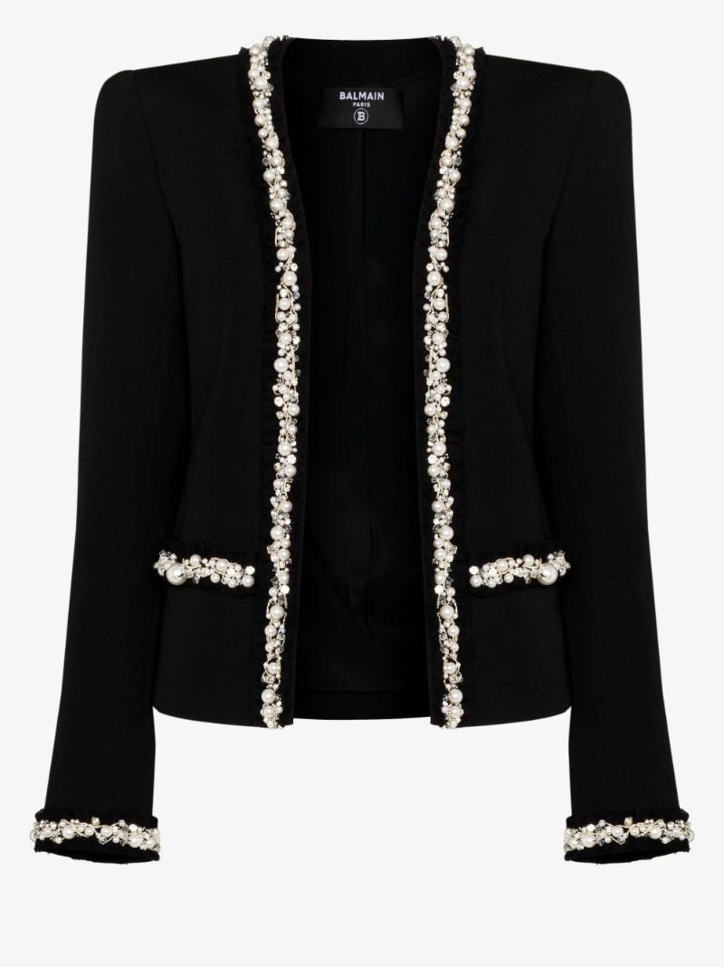 Black Faux Pearl-trim Collarless Jacket