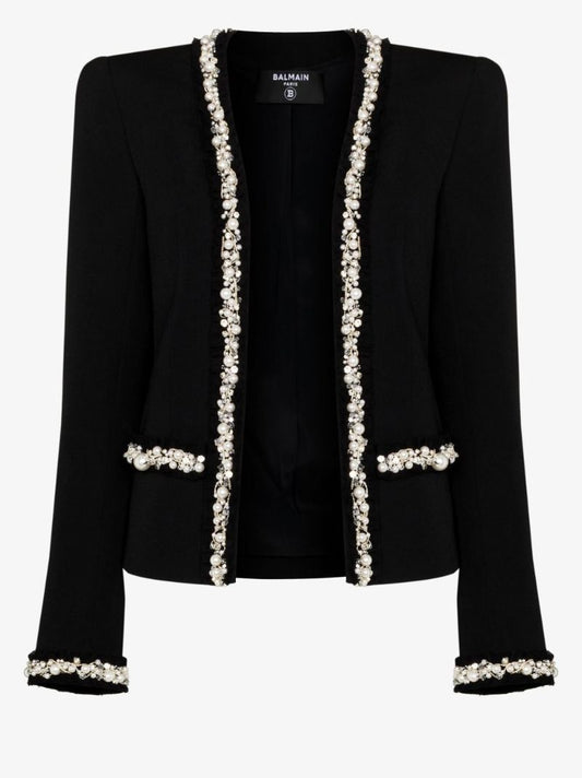 Black Faux Pearl-trim Collarless Jacket