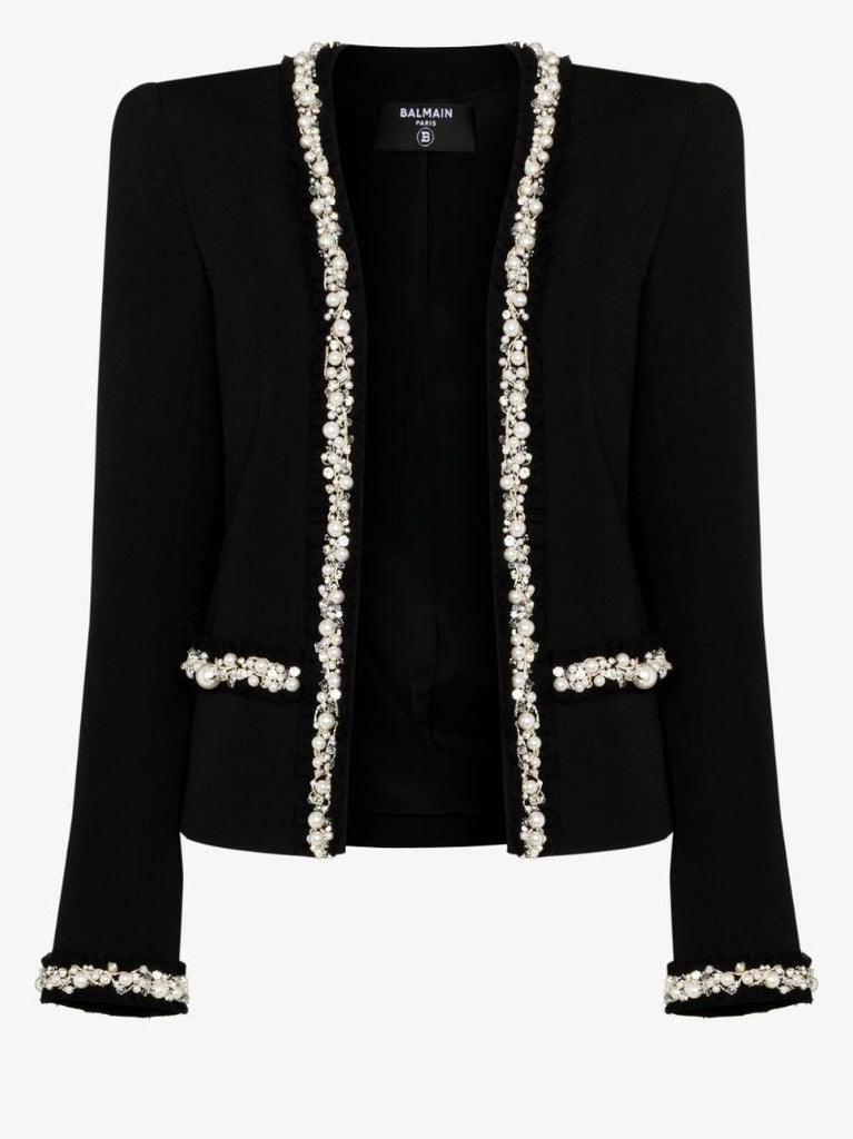 Black Faux Pearl-trim Collarless Jacket