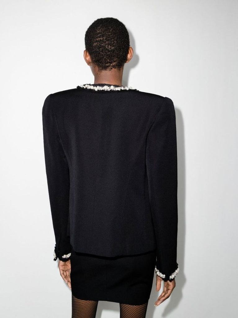 Black Faux Pearl-trim Collarless Jacket