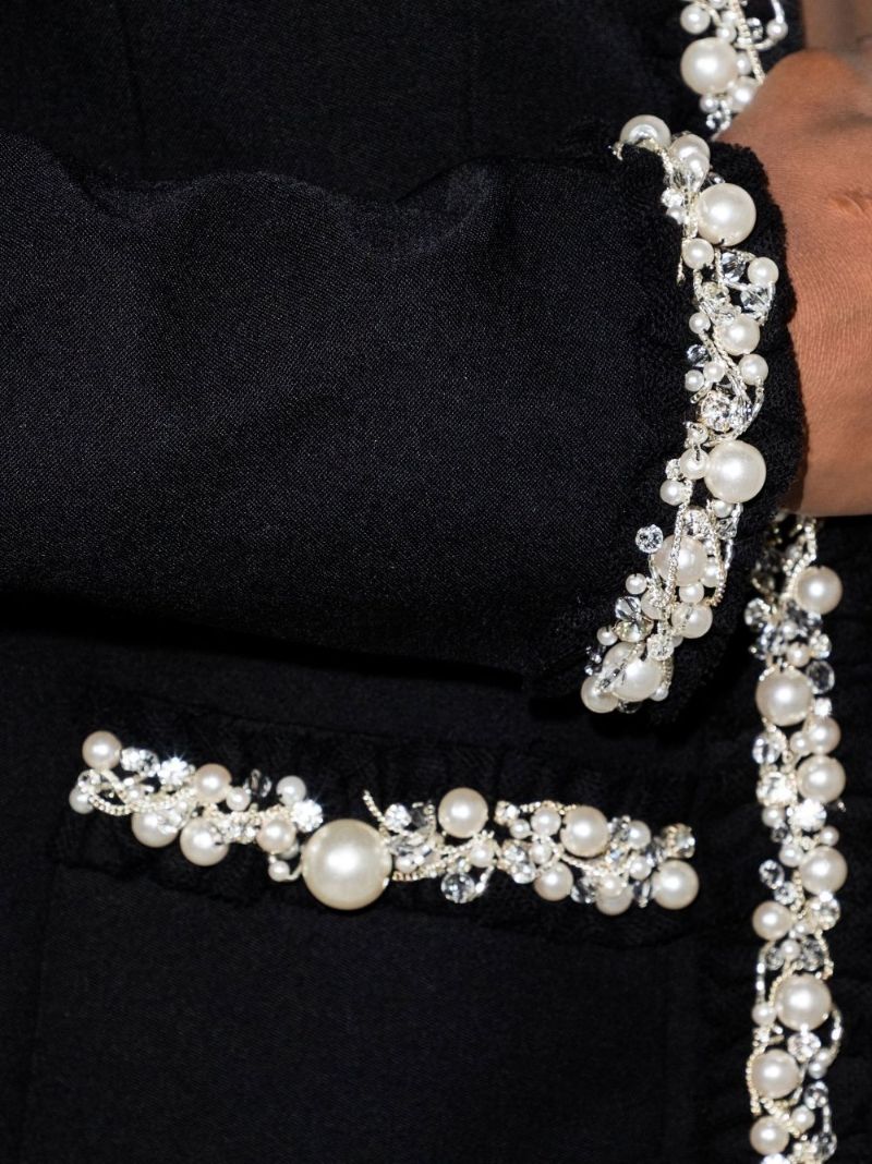 Black Faux Pearl-trim Collarless Jacket