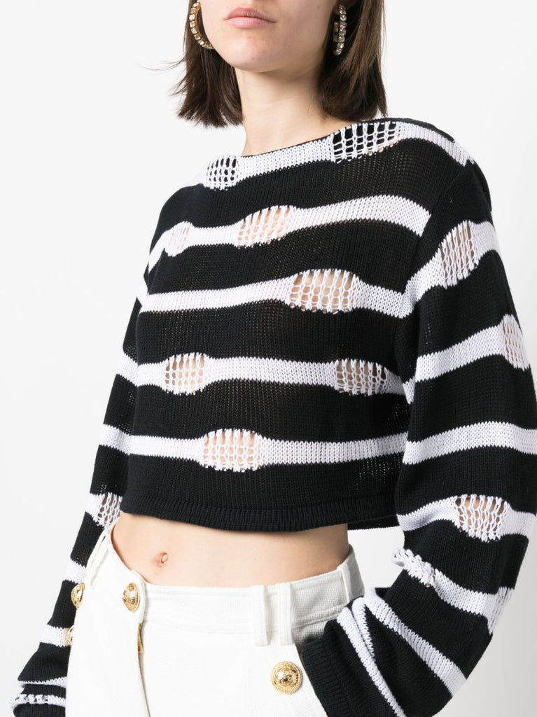 Black Distressed Striped Cotton Sweater