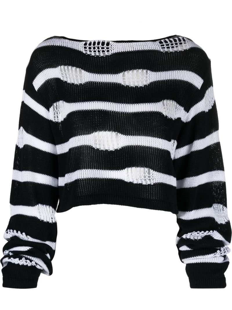 Black Distressed Striped Cotton Sweater