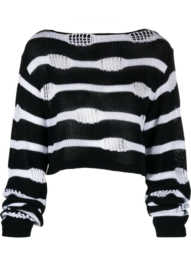 Black Distressed Striped Cotton Sweater