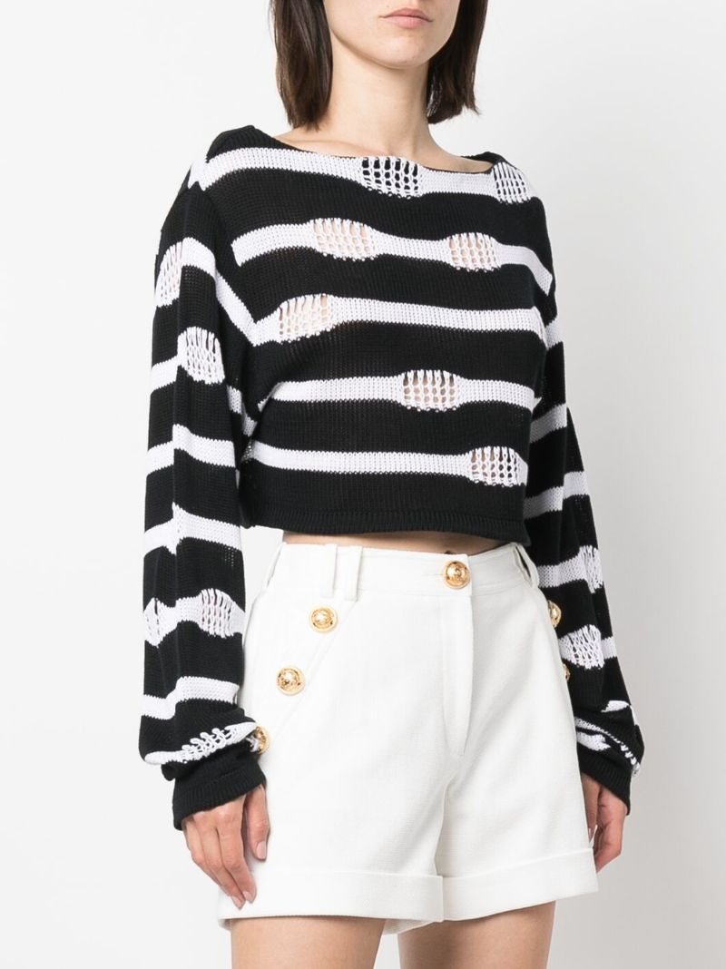 Black Distressed Striped Cotton Sweater