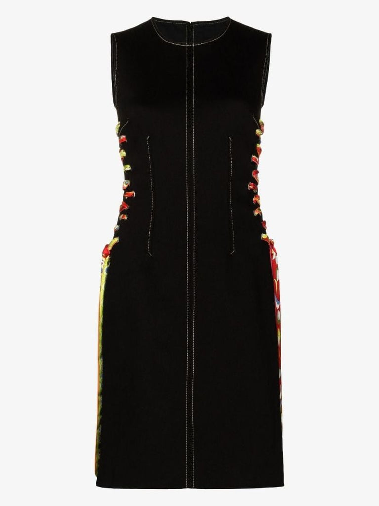 Black Printed Ribbon Sleeveless Cotton Dress