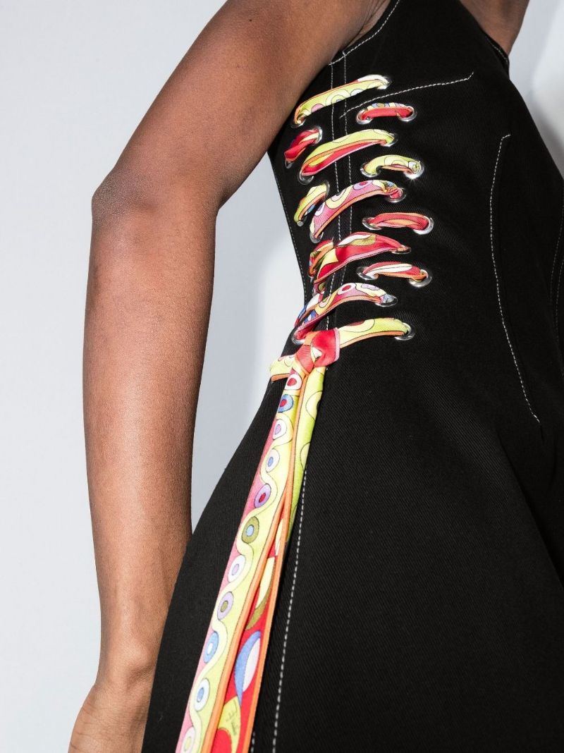 Black Printed Ribbon Sleeveless Cotton Dress
