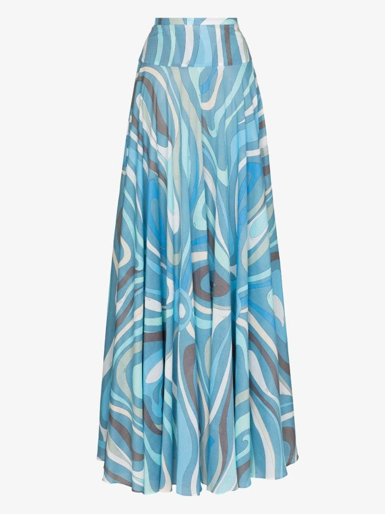 Blue Marmo Print Cotton Maxi Skirt