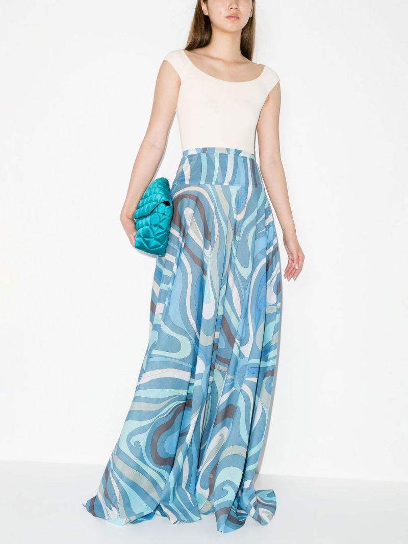 Blue Marmo Print Cotton Maxi Skirt