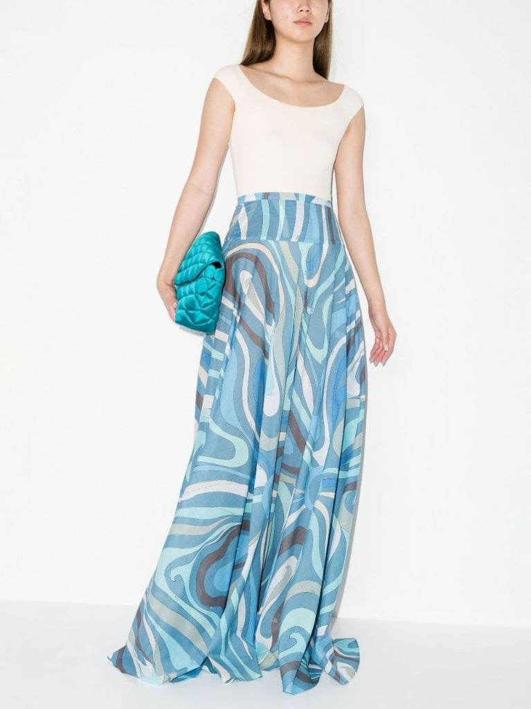 Blue Marmo Print Cotton Maxi Skirt