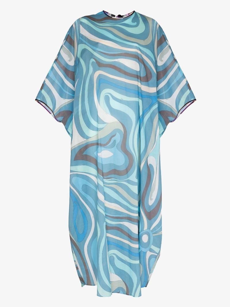 Blue Marmo Print Cotton Kaftan Maxi Dress