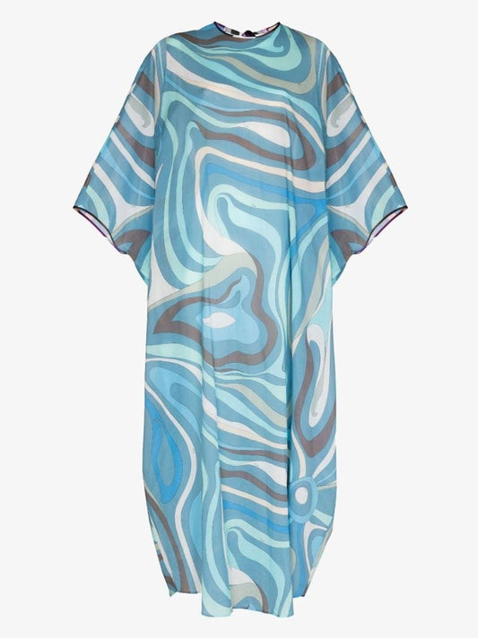 Blue Marmo Print Cotton Kaftan Maxi Dress