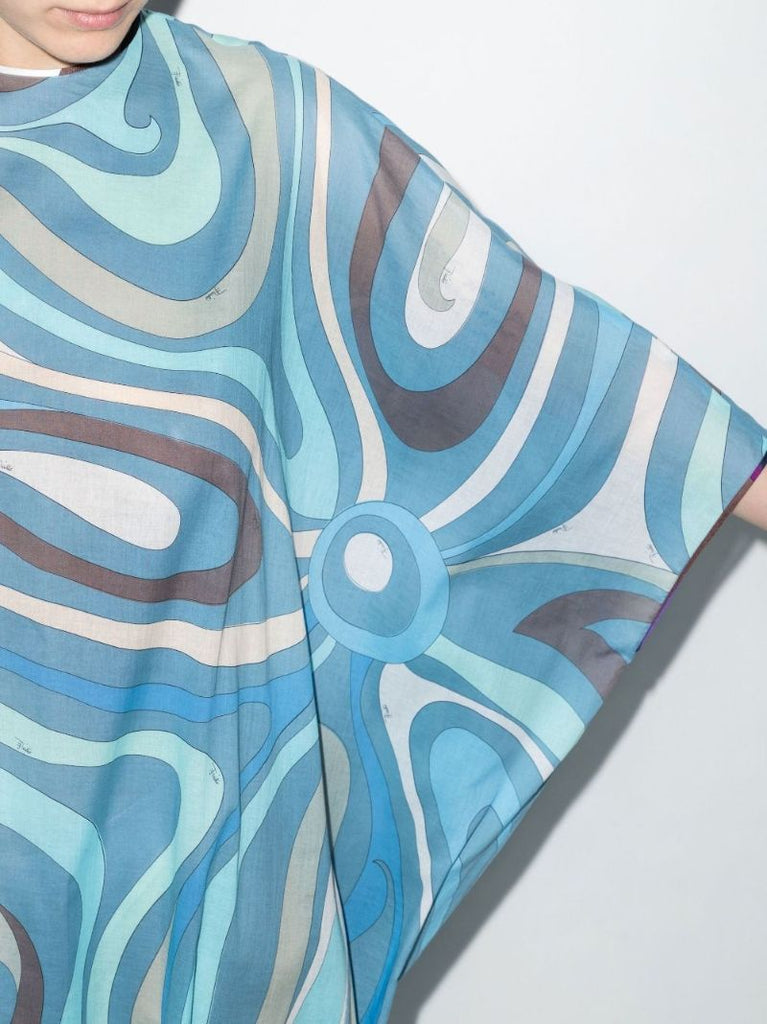 Blue Marmo Print Cotton Kaftan Maxi Dress