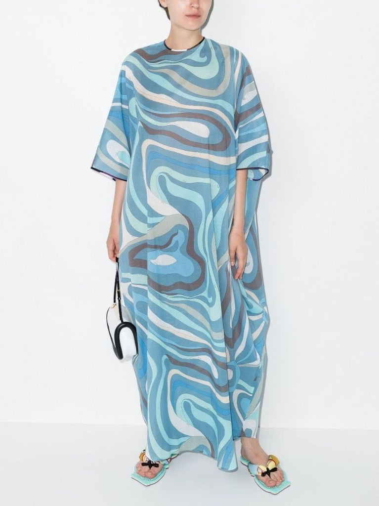 Blue Marmo Print Cotton Kaftan Maxi Dress