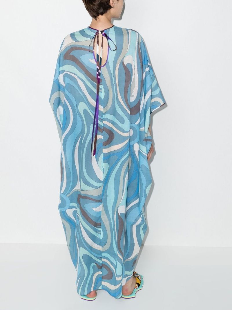 Blue Marmo Print Cotton Kaftan Maxi Dress