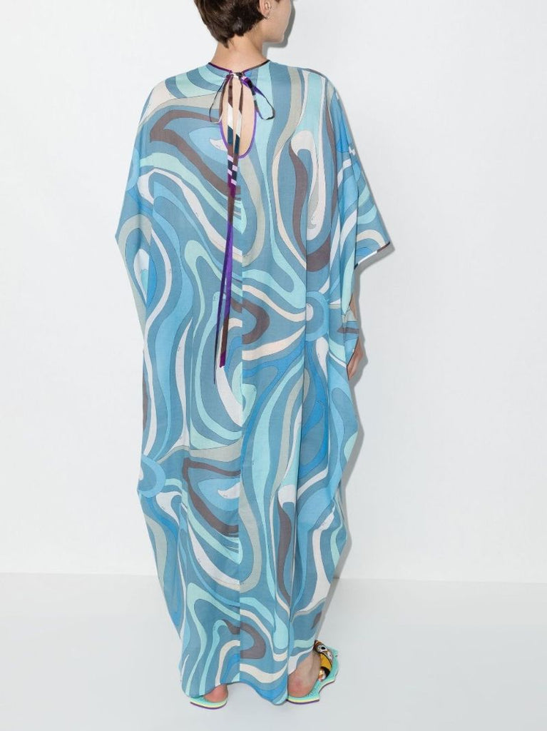 Blue Marmo Print Cotton Kaftan Maxi Dress