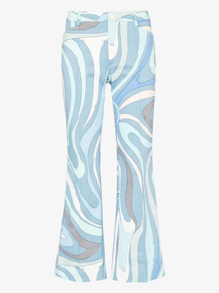 Blue Marmo Print Flared Trousers