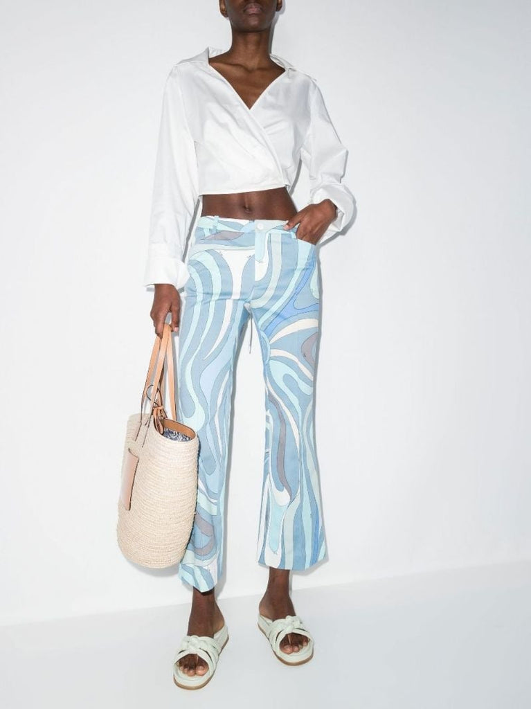 Blue Marmo Print Flared Trousers