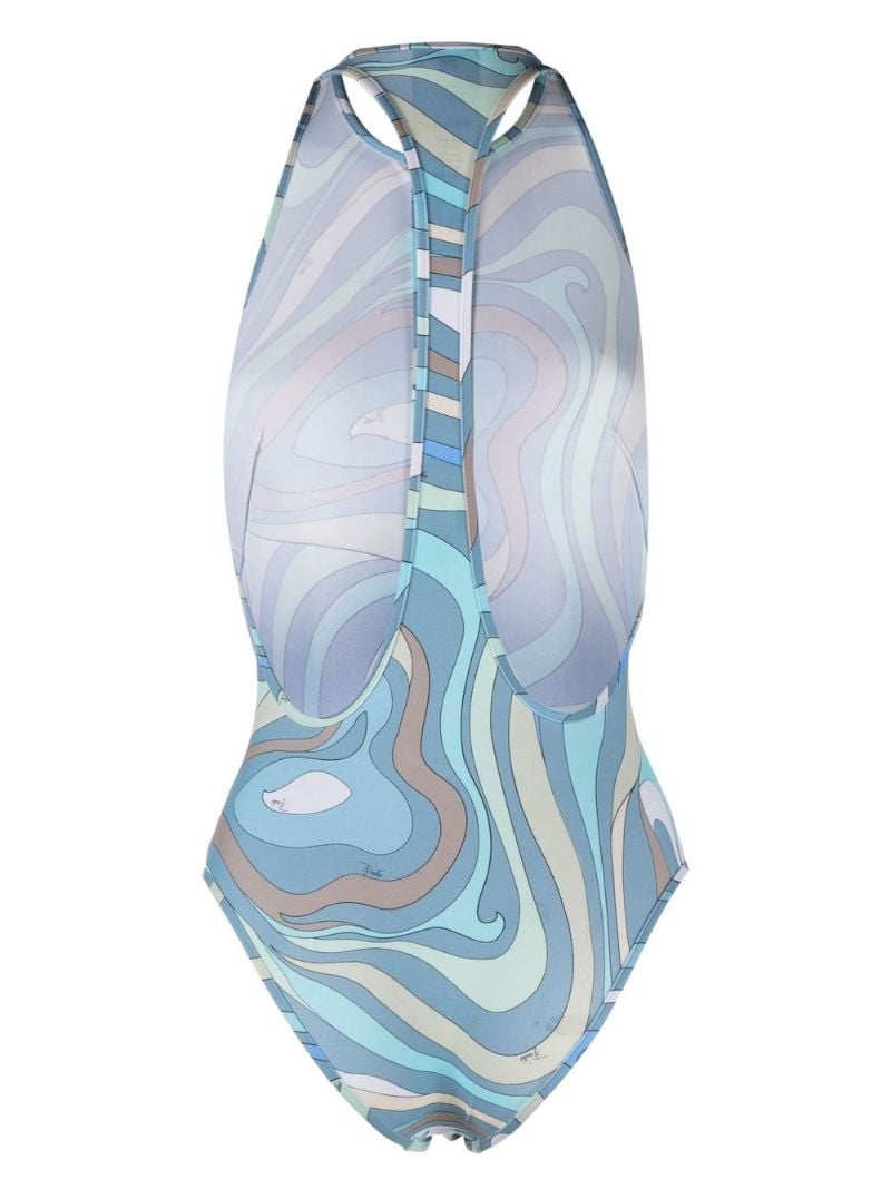 Blue Marmo Print Zip Front Racerback Swimsuit