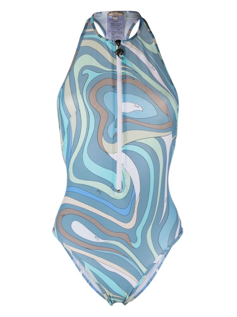 Blue Marmo Print Zip Front Racerback Swimsuit