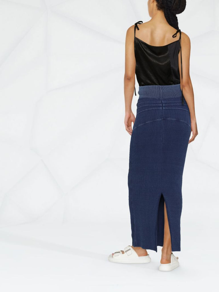 Blue Ribbed Knit Cotton Maxi Skirt