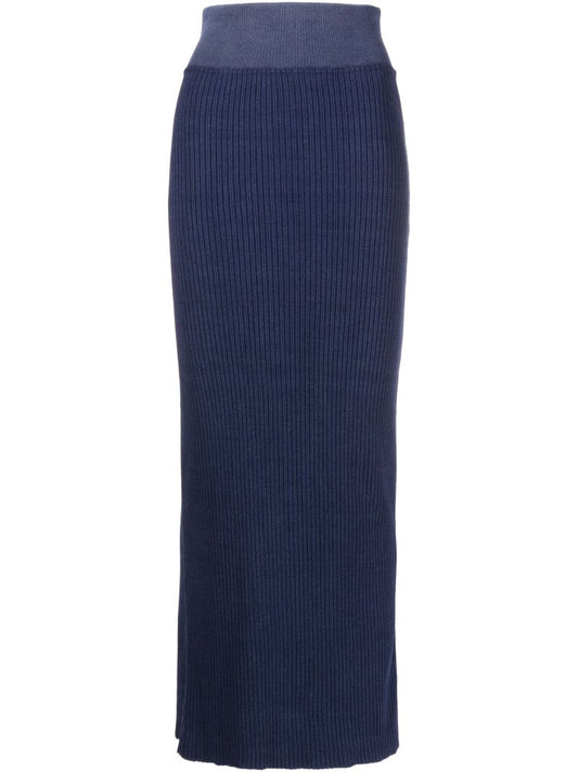 Blue Ribbed Knit Cotton Maxi Skirt