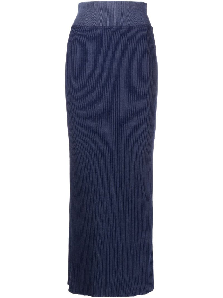 Blue Ribbed Knit Cotton Maxi Skirt