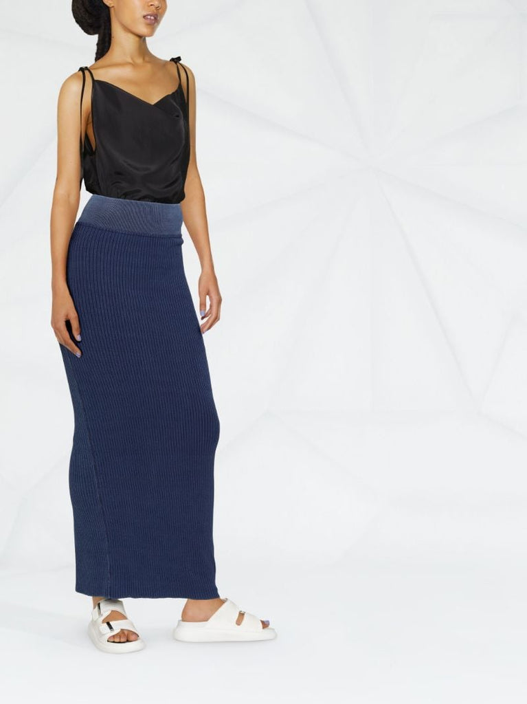 Blue Ribbed Knit Cotton Maxi Skirt