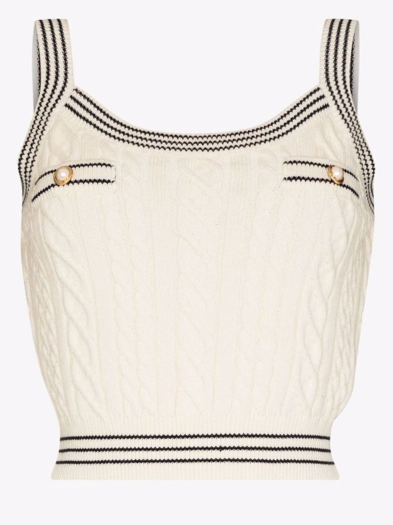 Button Embellished Cable Knit Crop Top
