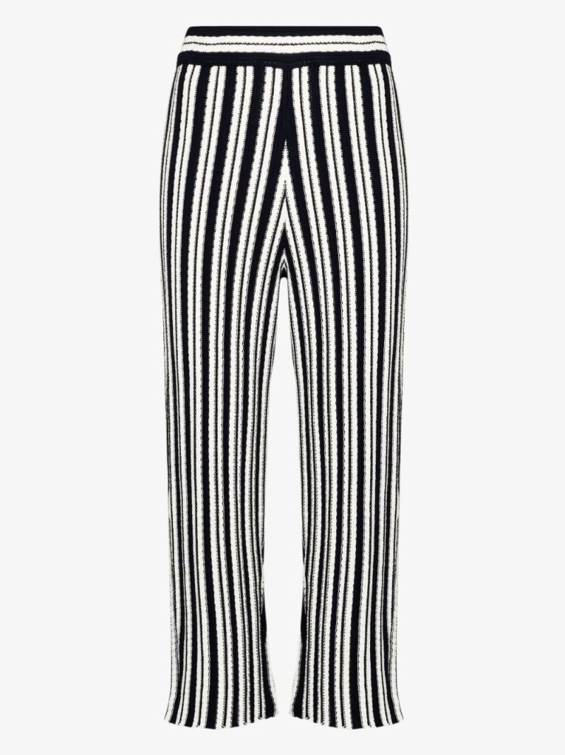 High Waist Striped Rib Knit Cotton Trousers