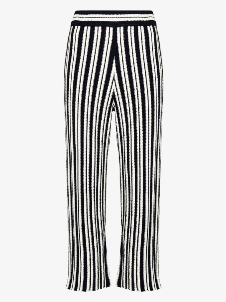 High Waist Striped Rib Knit Cotton Trousers