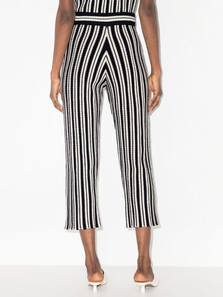 High Waist Striped Rib Knit Cotton Trousers
